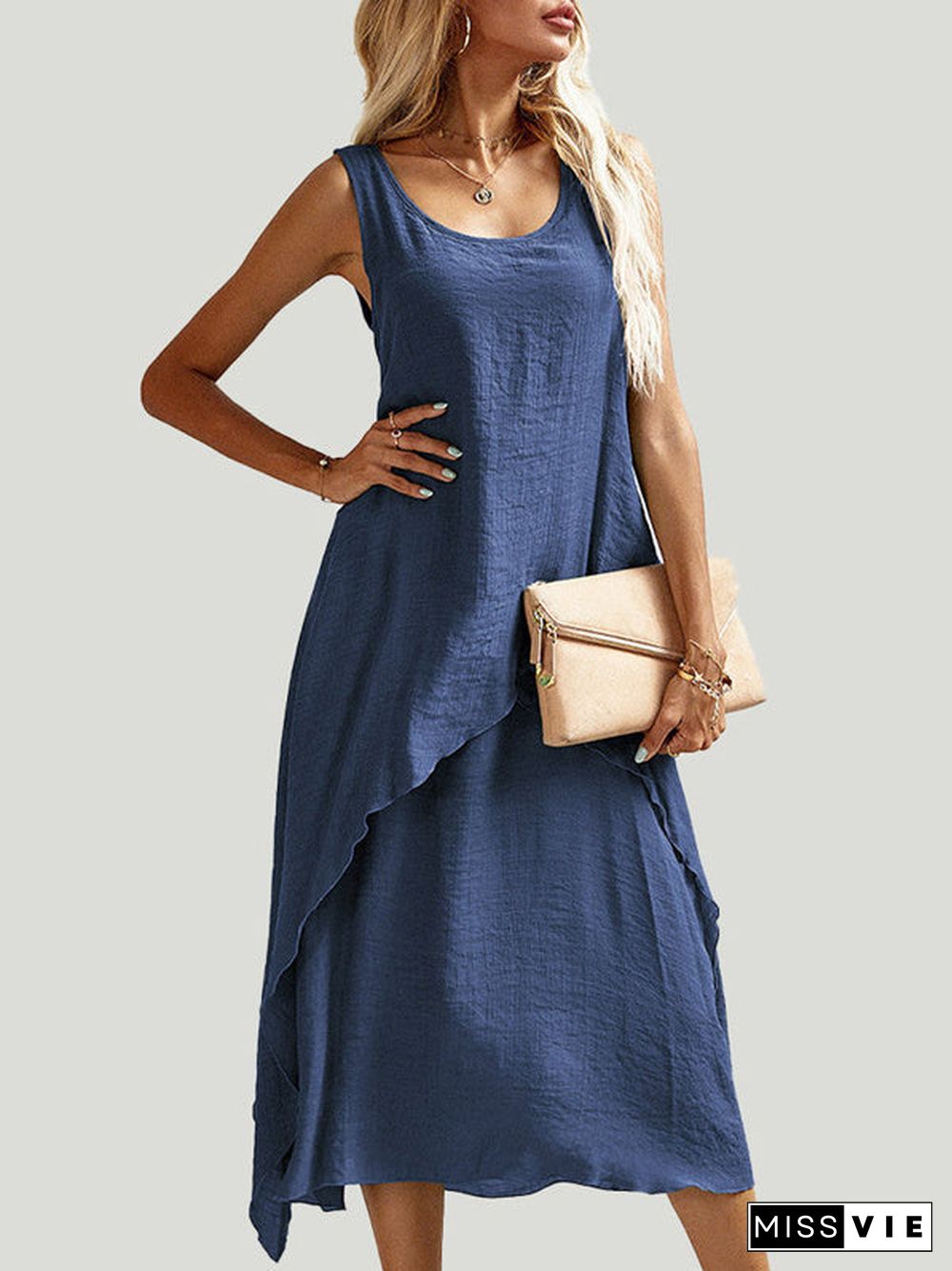 Women's Sleeveless Scoop Neck Irregular Midi Dress