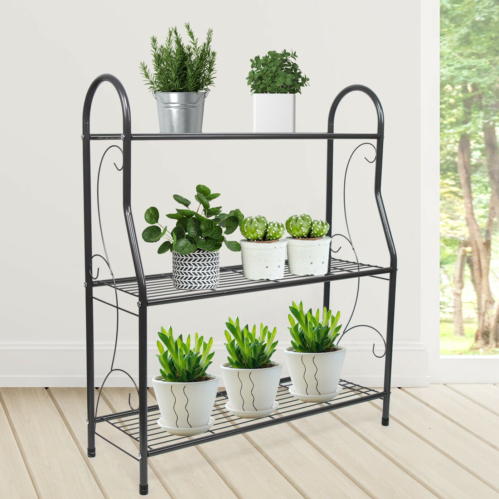 Fichiouy 3-Tier Flower Plant Stand Wrought Iron Shoe Shelf Organizer Storage Rack Decor Black