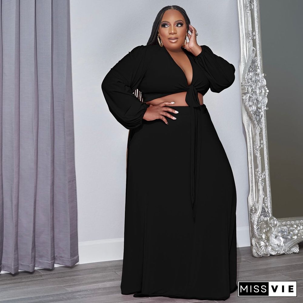 Long Sleeve Crop Top Maxi Skirt Plus Size Sets