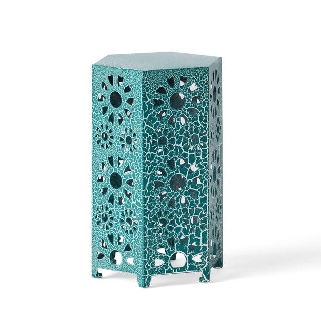 Sunburst Outdoor Patio Iron Side Table Crackle Teal Christopher Knight Home