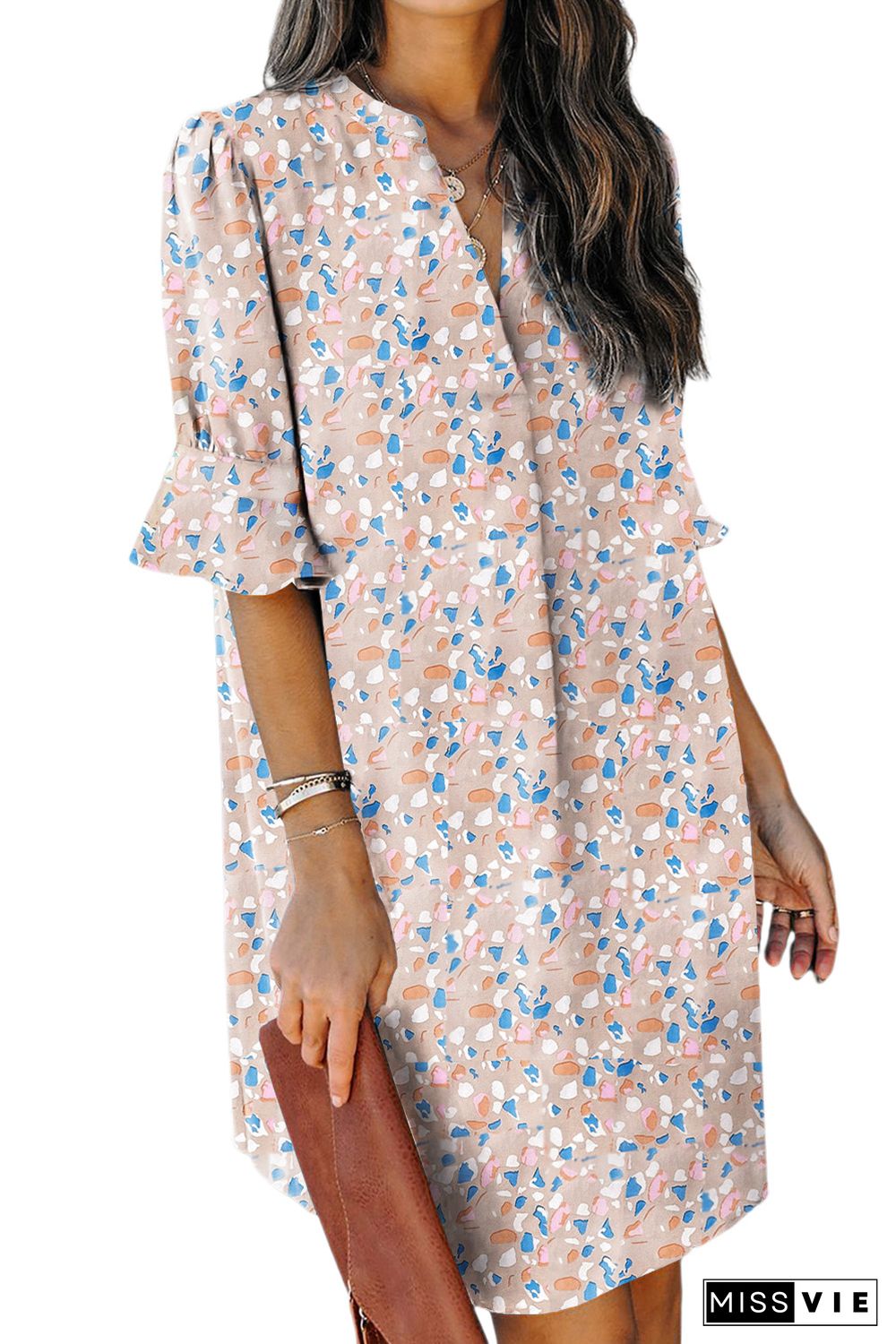 Pink Ruffled Sleeves Abstract Print Shift Dress