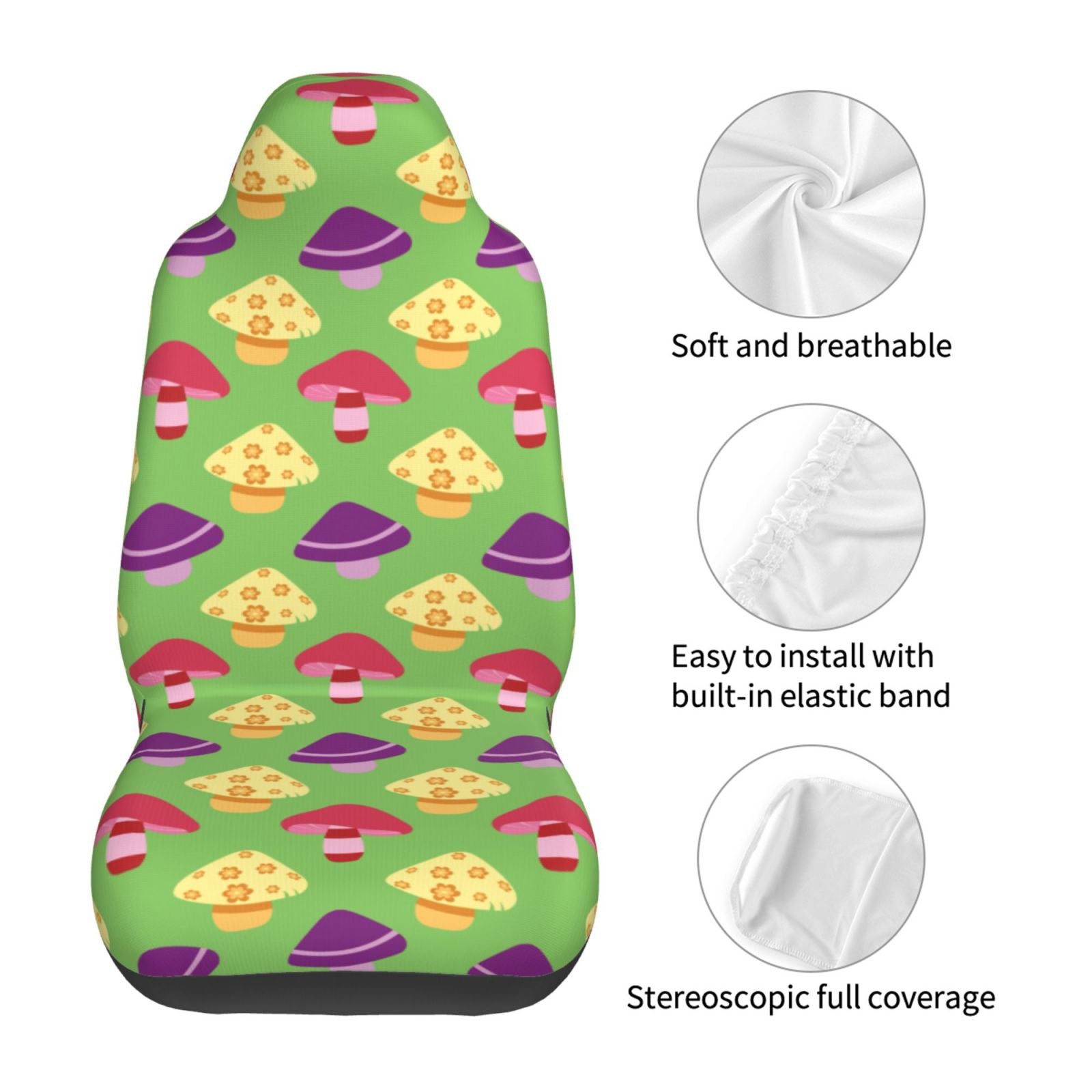 TEQUAN Front Seat Covers， Colorful Fungi Mushrooms Pattern 2 Piece Car Seat Cover Fit Most Car SUV Truck Van