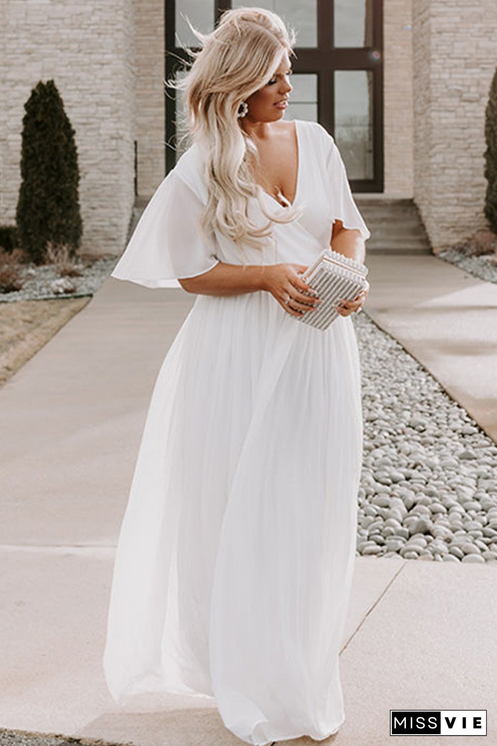 White Wrap V Neck Belted Plus Size Flowy Maxi Dress