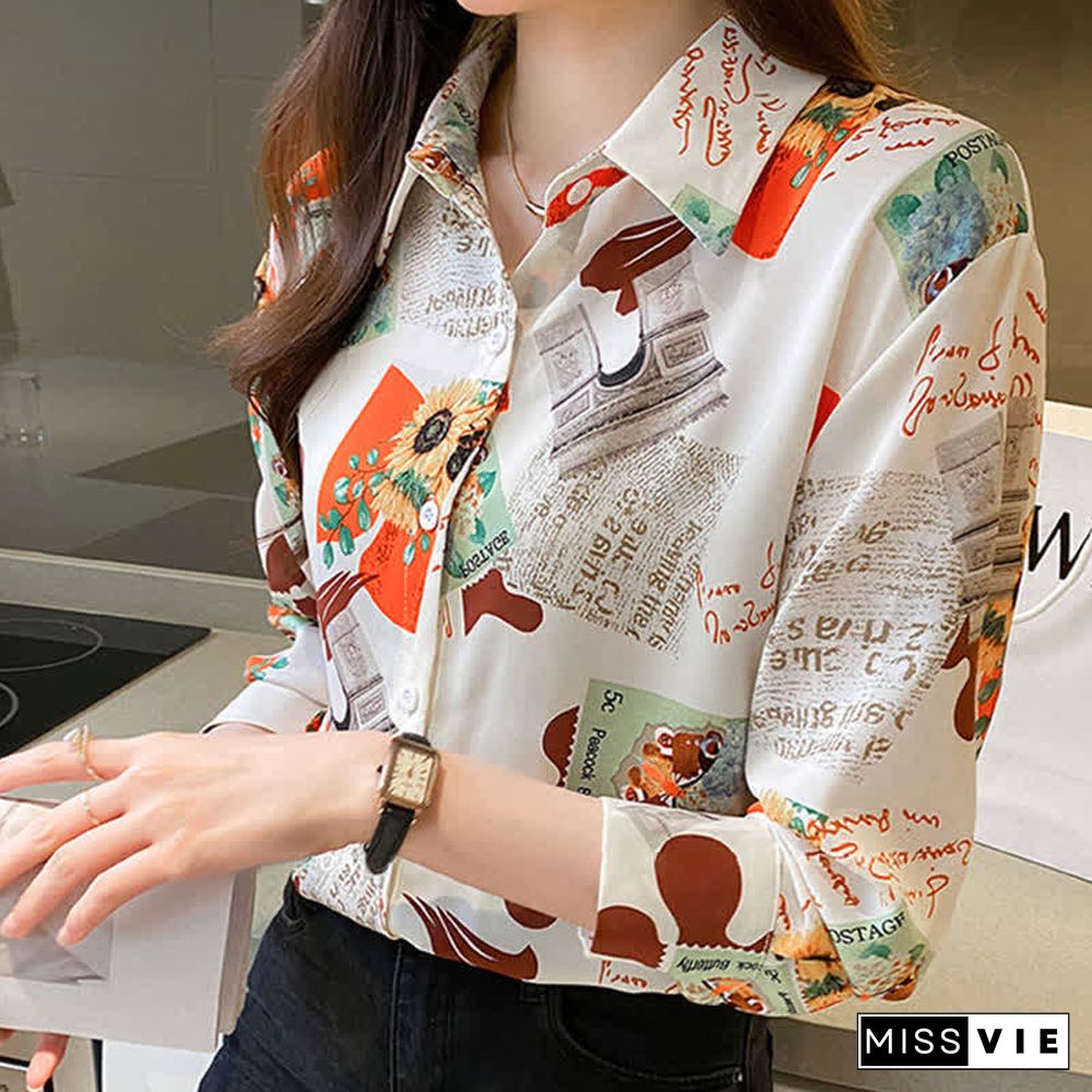 Vintage Floral Letter Print Long Sleeve Chiffon Shirt Workwear