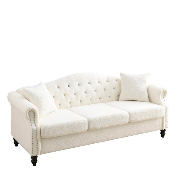 3+1 Combination of Chesterfield 3 Seater Sofa and Chair Modern White Teddy Upholstered Padded Seat with Two Pillows and Nailhead