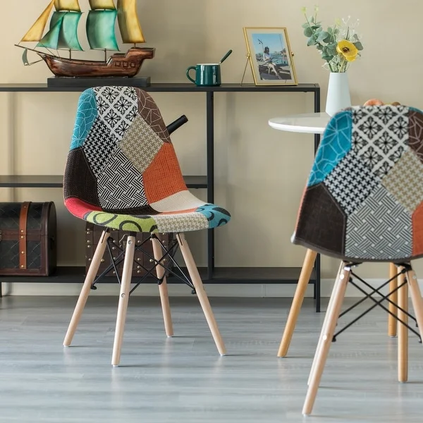 Modern Fabric Patchwork Chair with Wooden Legs for Kitchen, Dining Room, Entryway, Living Room