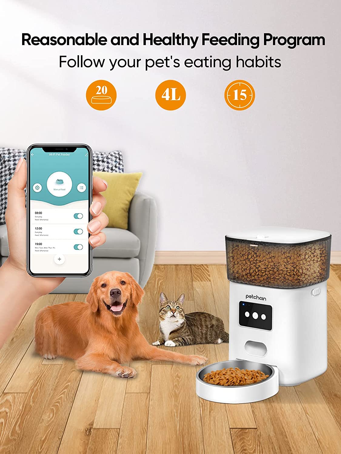 Automatic Cat Feeder， 4L WiFi Pet Food Dispenser for Cats and Dogs APP Control Auto Pet Feeder Up to 20 Portions15 Meals per Day， Low Food Alarm and 10s Voice Recorder for Pet