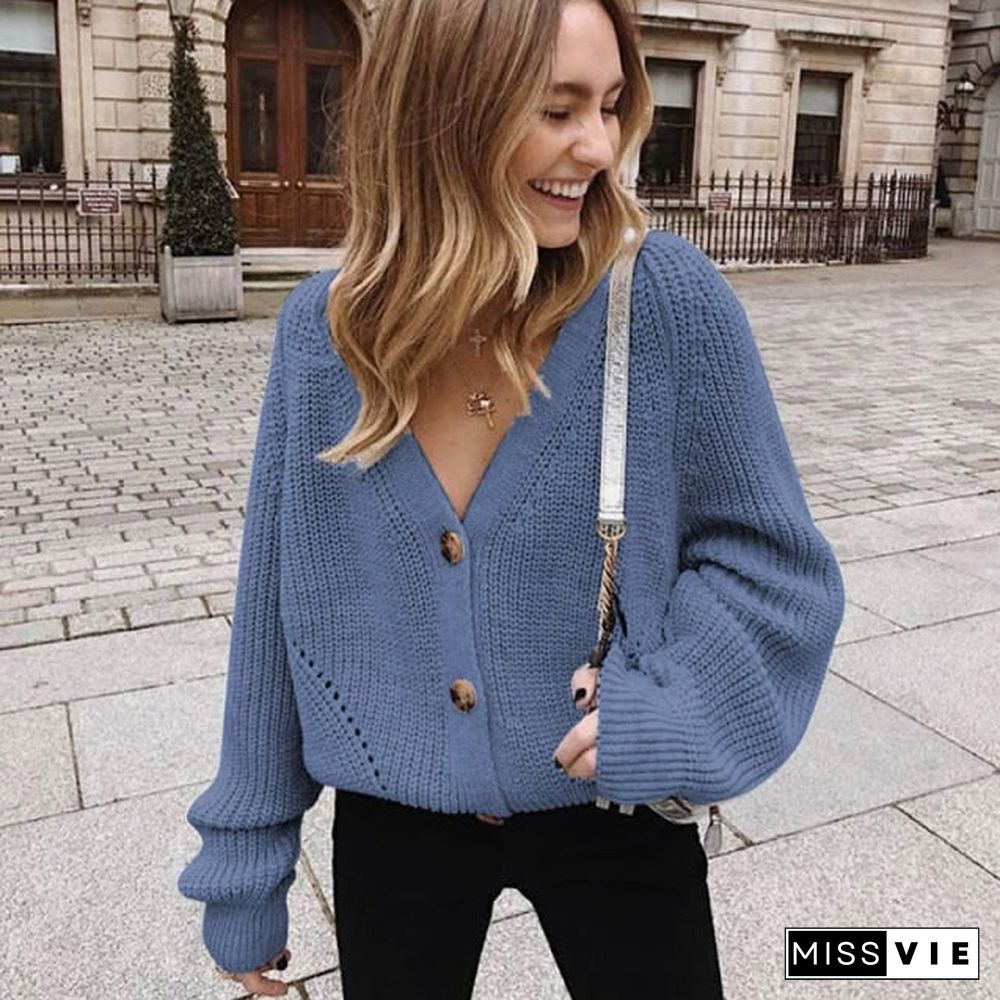 Women Knitted Cardigans Sweater Fashion Autumn Long Sleeve Loose Coat Casual Button Thick V Neck Solid Female Tops