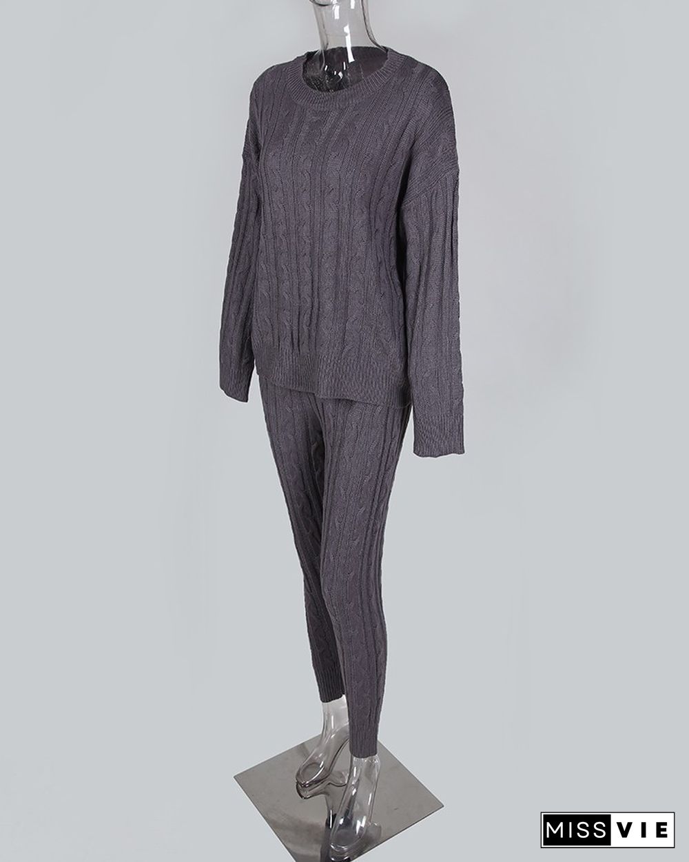 Solid Ribbed Knitting Casual Sweater & Pants Sets