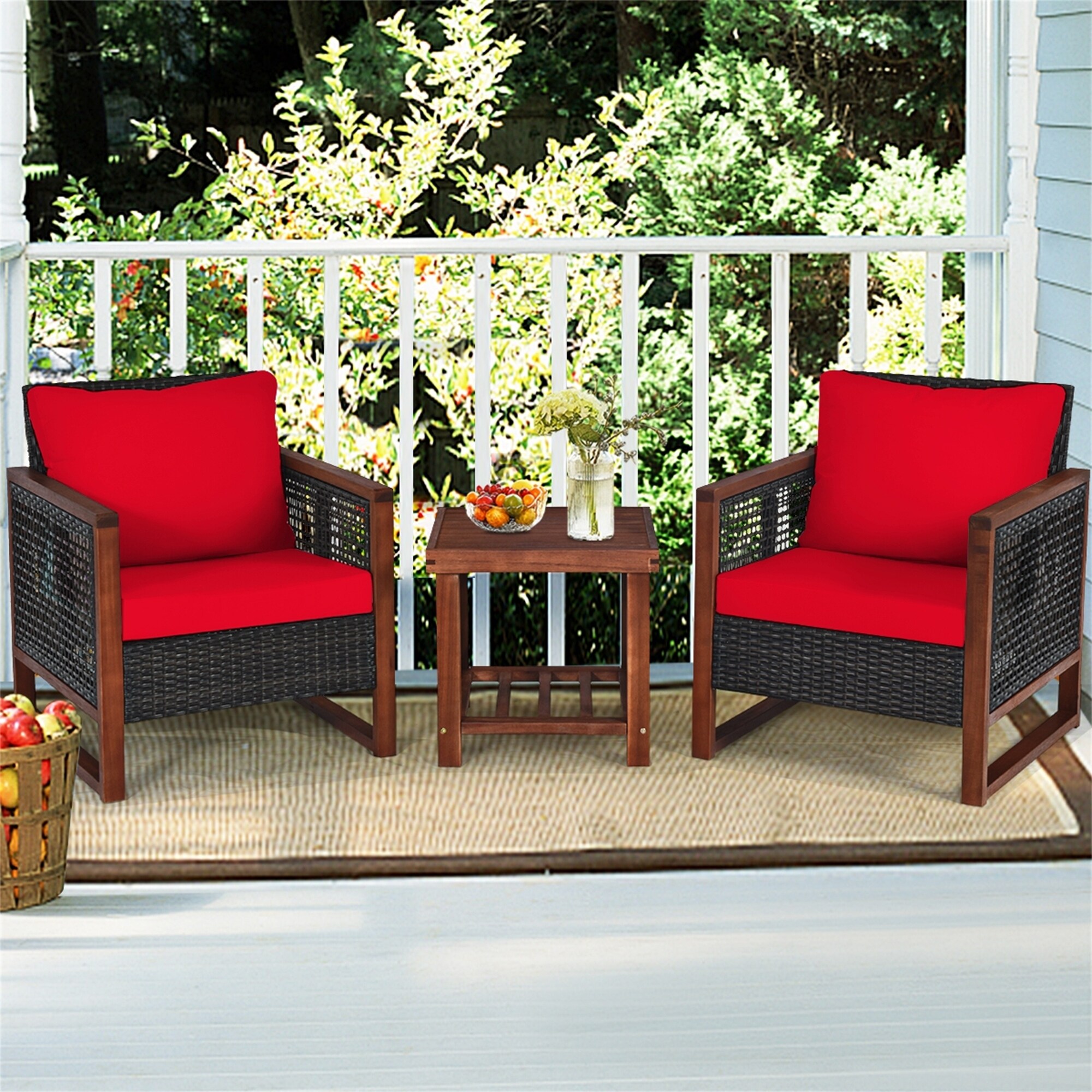 3PCS Patio Wood Wicker Conversation Furniture Sofa Set with Cushion - Overstock - 37500666