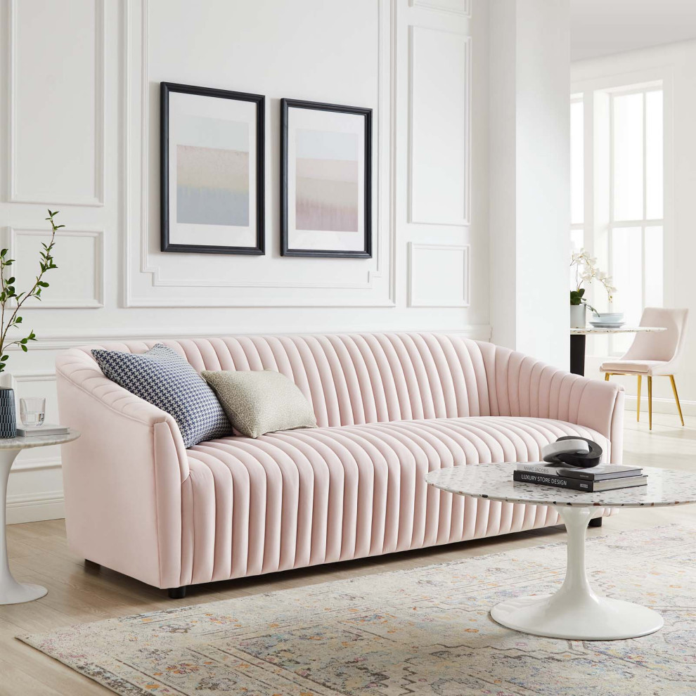 Elegant Sofa  Channeled Velvet Seat With Curved Back  ampSloped Arms   Transitional   Sofas   by Decorn  Houzz