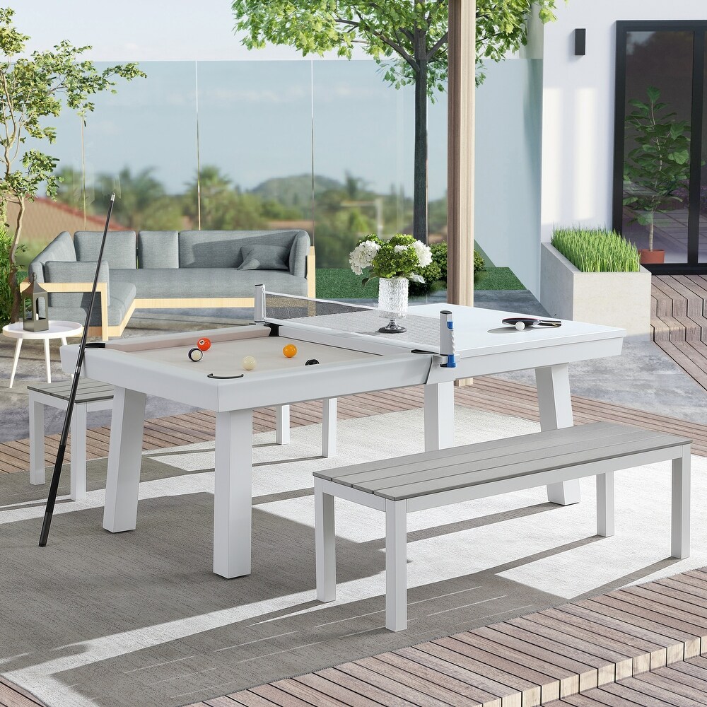 Norwalk Indoor/Outdoor 7ft Slate Pool Table Dining Set with 2 Benches   Accessories  White Finish