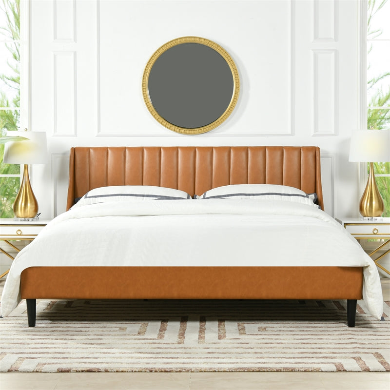 Aspen Vertical Tufted Headboard Platform Bed Set, King, Caramel Tan Brown Faux Leather