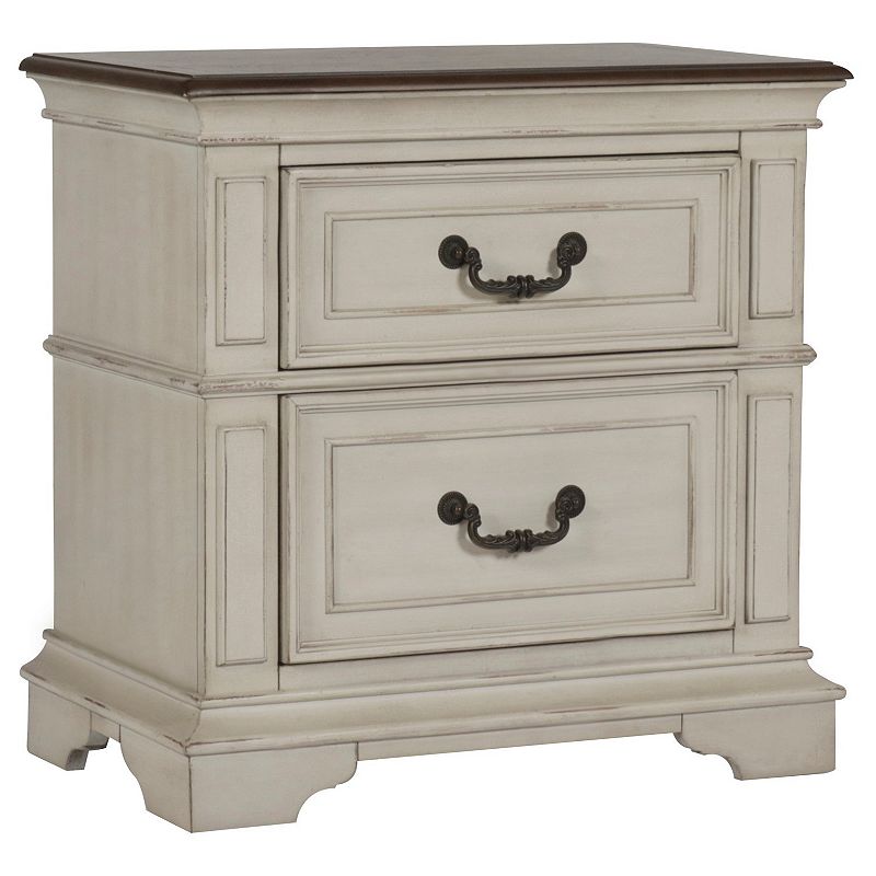 Two Drawer Wooden Nightstand with Bracket Legs， White and Brown