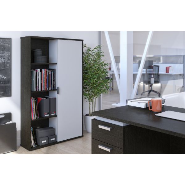 Bestar Aquarius Bookcase with Sliding Door - Deep Grey and White