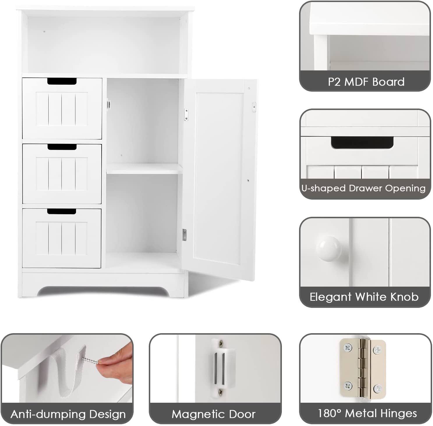 TUSY Bathroom Floor Cabinet Wooden Storage Organizer Cabinet 3 Drawers &1 Cupboard for Kitchen Living Room White