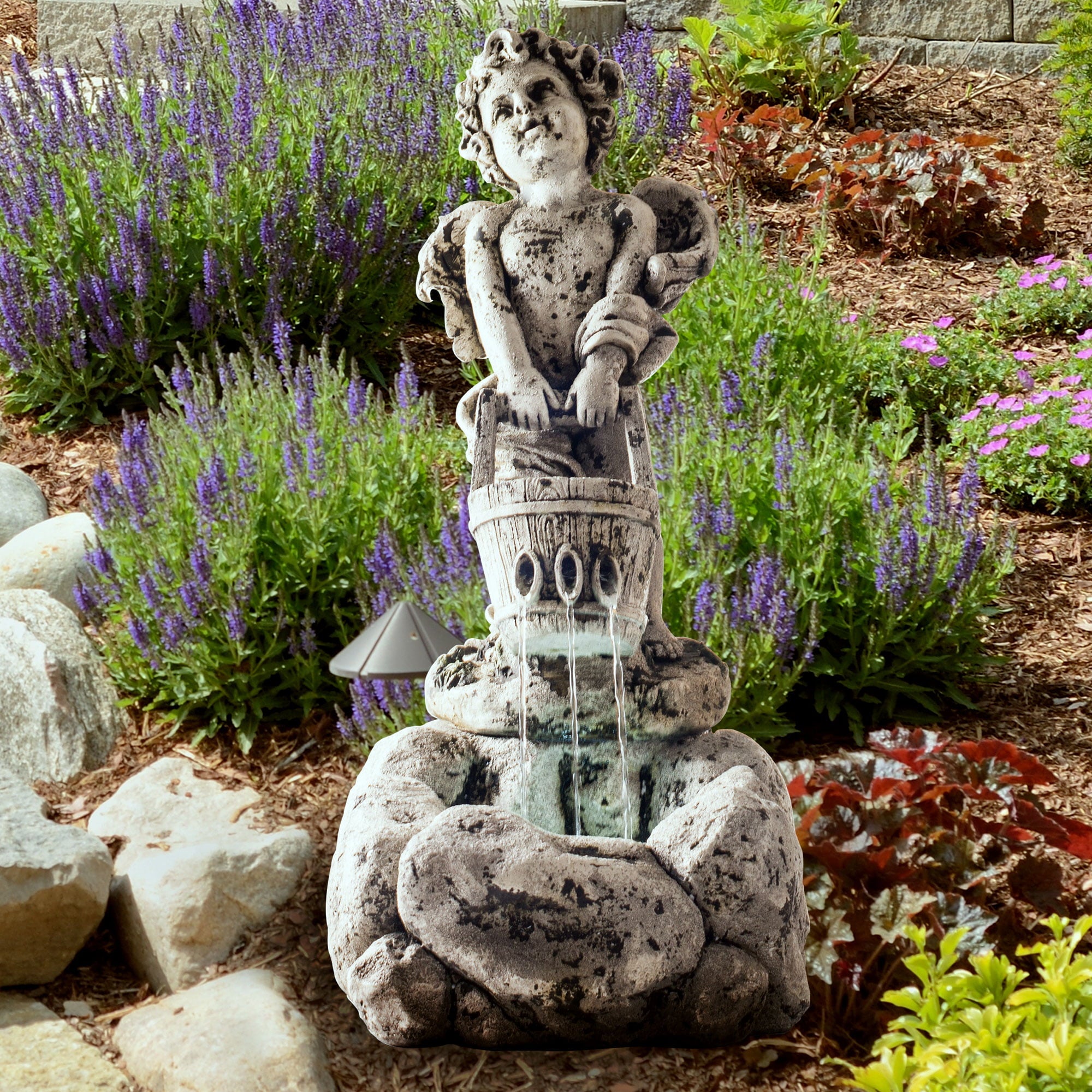 Pure Garden Outdoor Water Fountain With LED Lights， Lighted Cherub Angel Fountain With Antique Stone Design for Decor on Patio， Lawn and Garden