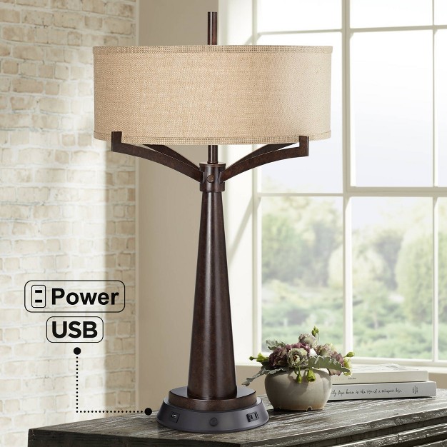 Tall Bronze Metal With Dimmable Usb And Power Outlet Burlap Drum Shade For Living Room House