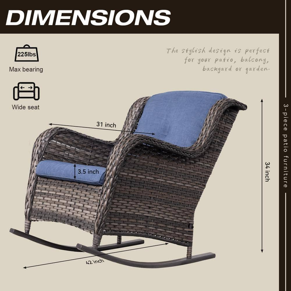 JOYSIDE Wicker Outdoor Patio Rocking Chair with Blue Cushion