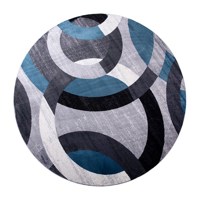 Masada Rugs Masada Rugs， Thatcher Collection Accent Rug with Interlocking Circle Pattern in Blue/Grey with Olefin Facing and Natural Jute Backing - 8'x8' Round