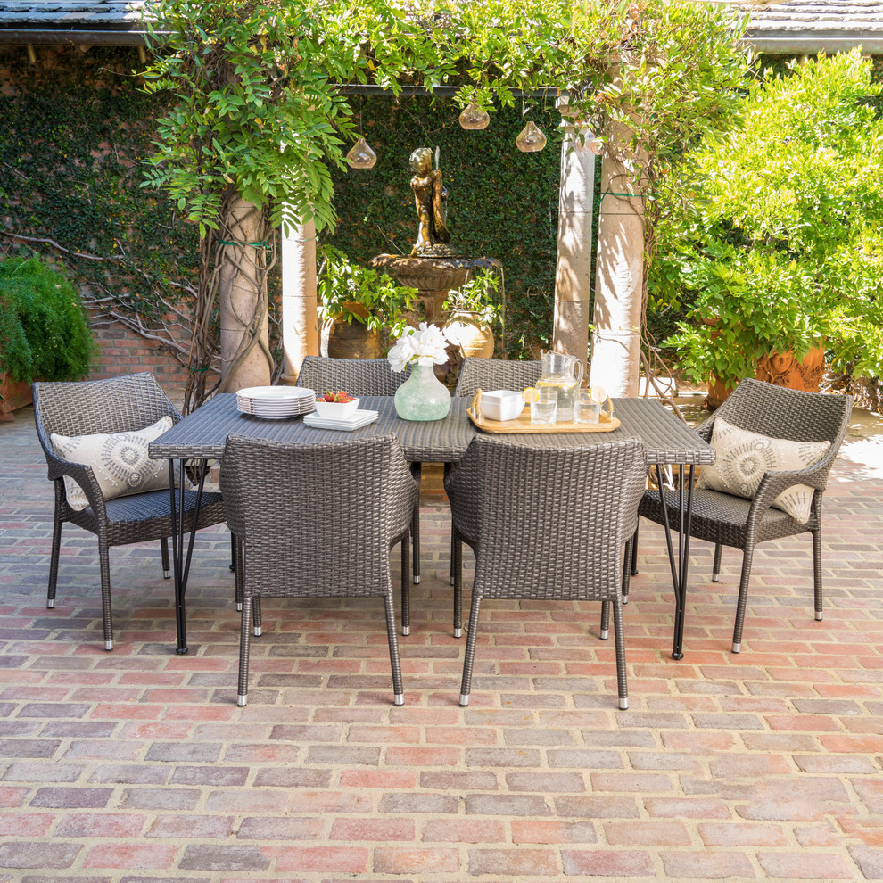 GDF Studio 7 Piece Colby Outdoor Gray Wicker Dining Set With Chairs   Tropical   Outdoor Dining Sets   by GDFStudio  Houzz