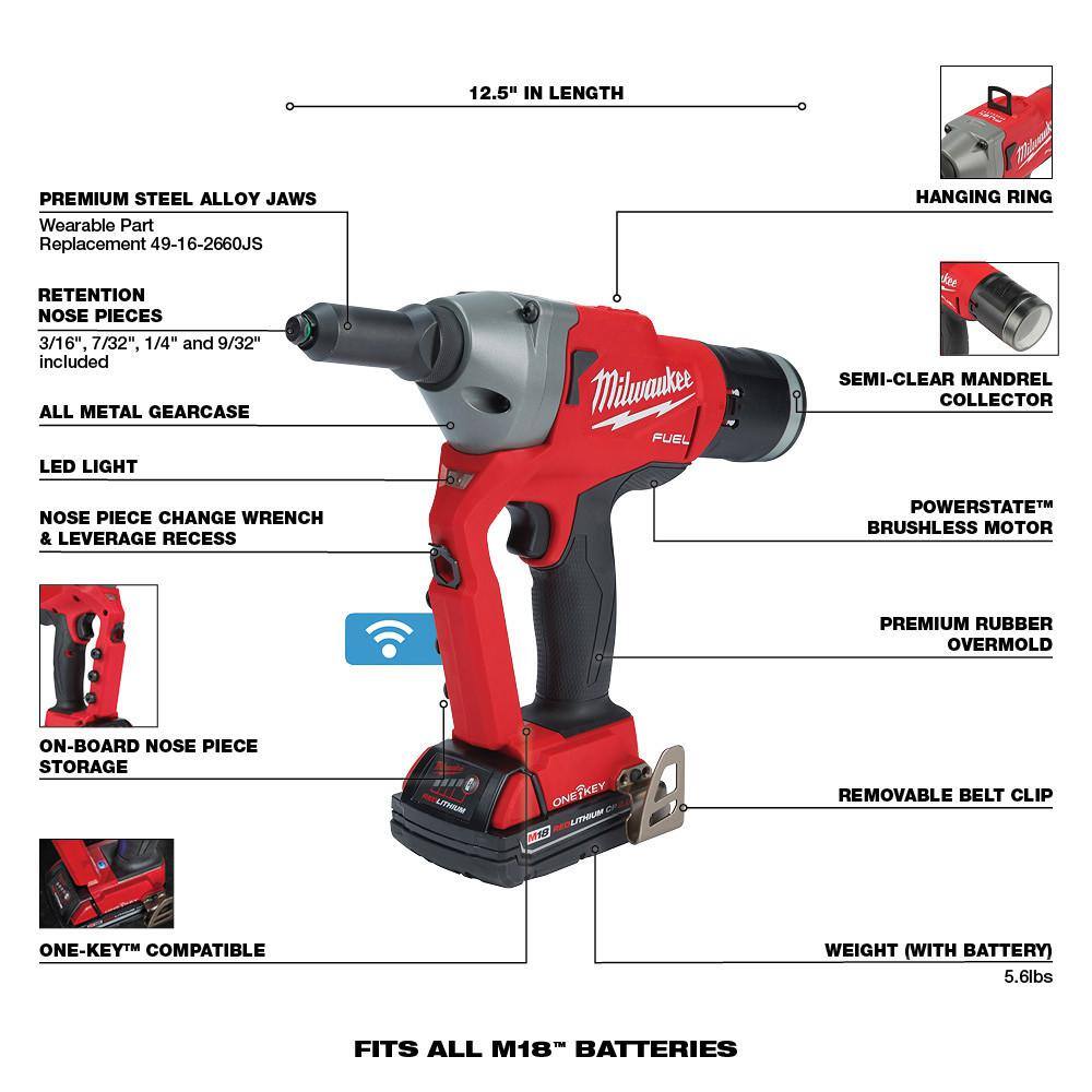 MW M18 FUEL ONE-KEY 18-Volt Lithium-Ion Cordless Rivet Tool Kit with Two 2.0 Ah Batteries Charger and Protective Boot 2660-22CT-49-16-2660B