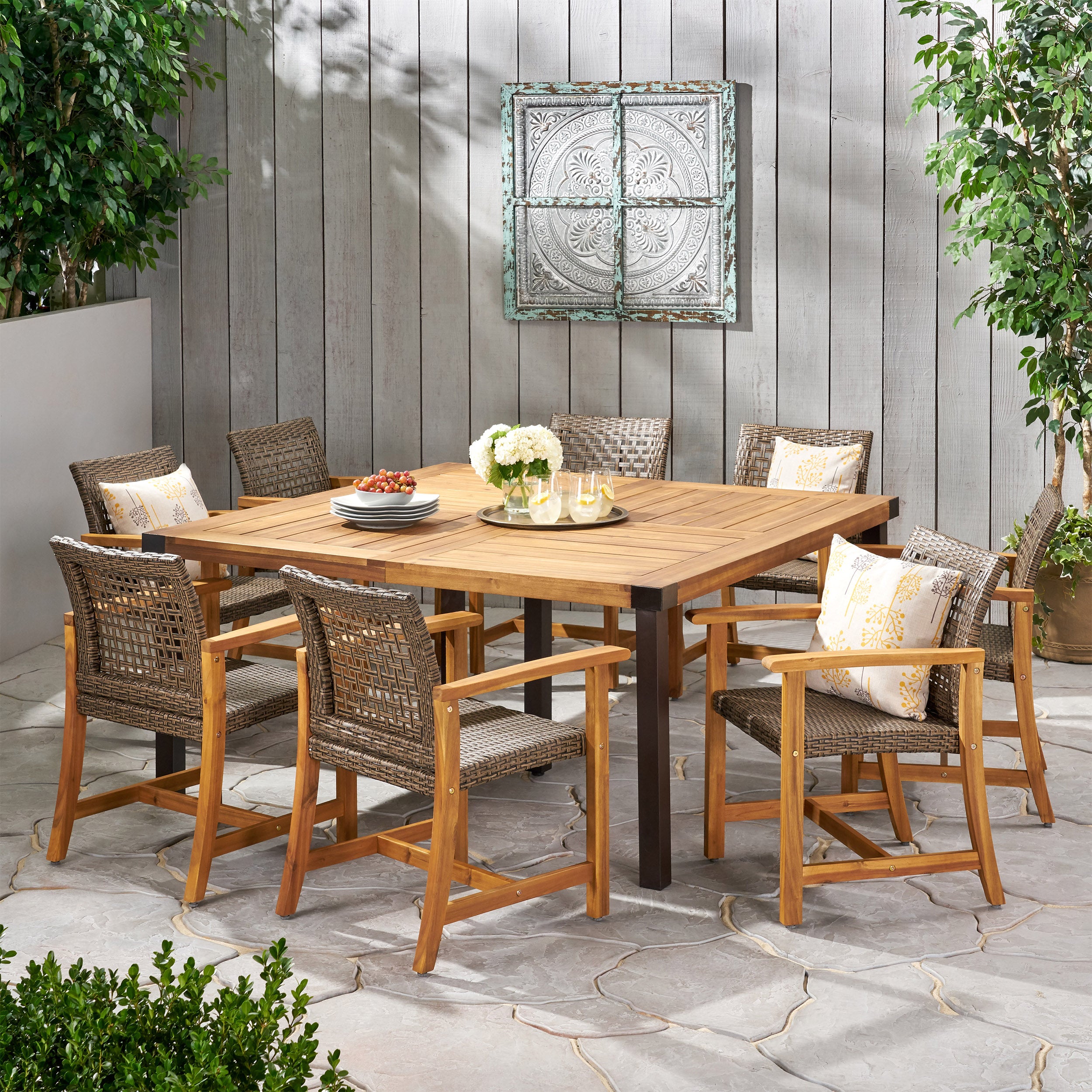 Loralynn Outdoor 8 Seater Acacia Wood Dining Set