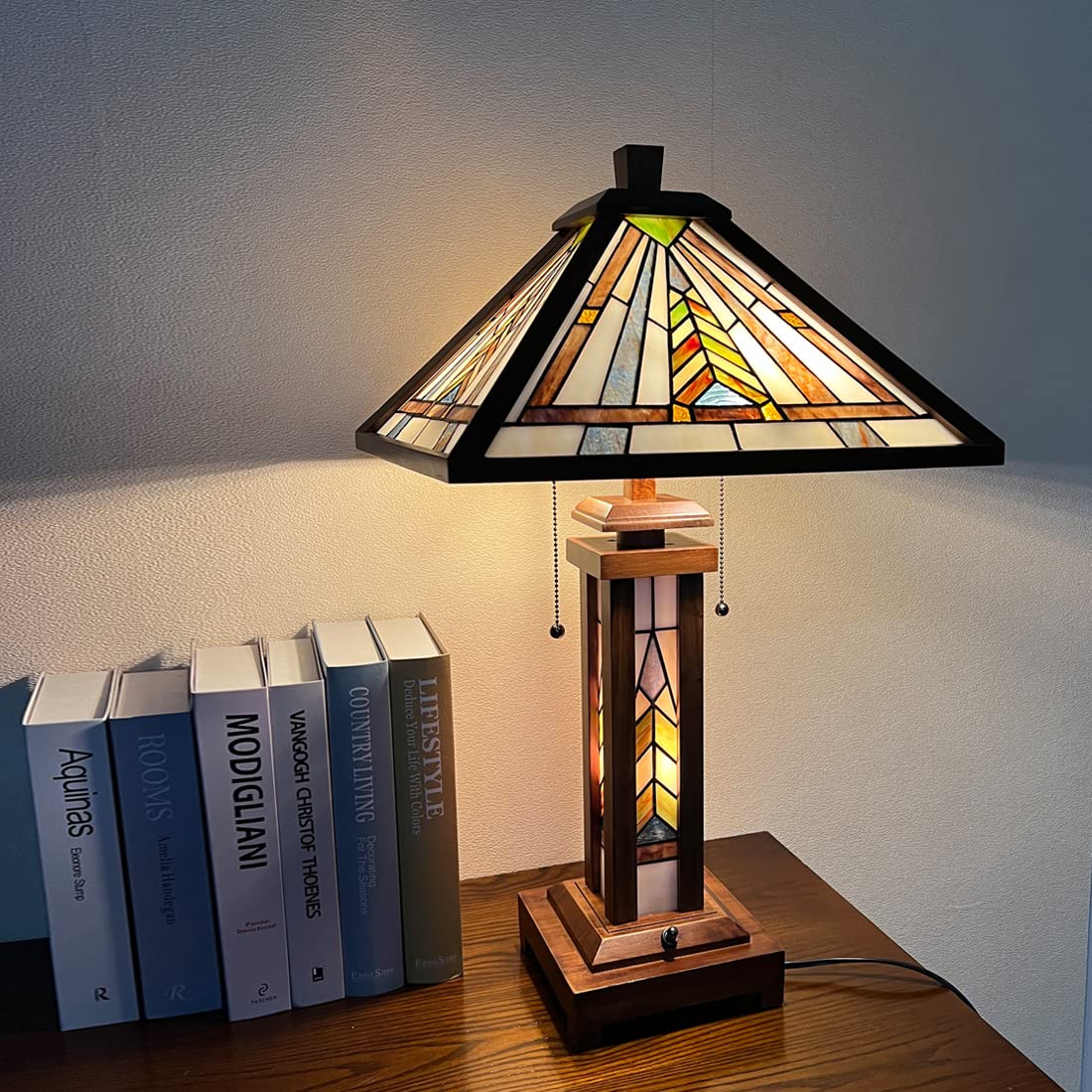 Vinplus  Table Lamp Night Light 16" Wide Handmade Stained Glass Lamp Shade 3 Light Wooden Frame Mission Style Vintage Table Lamp