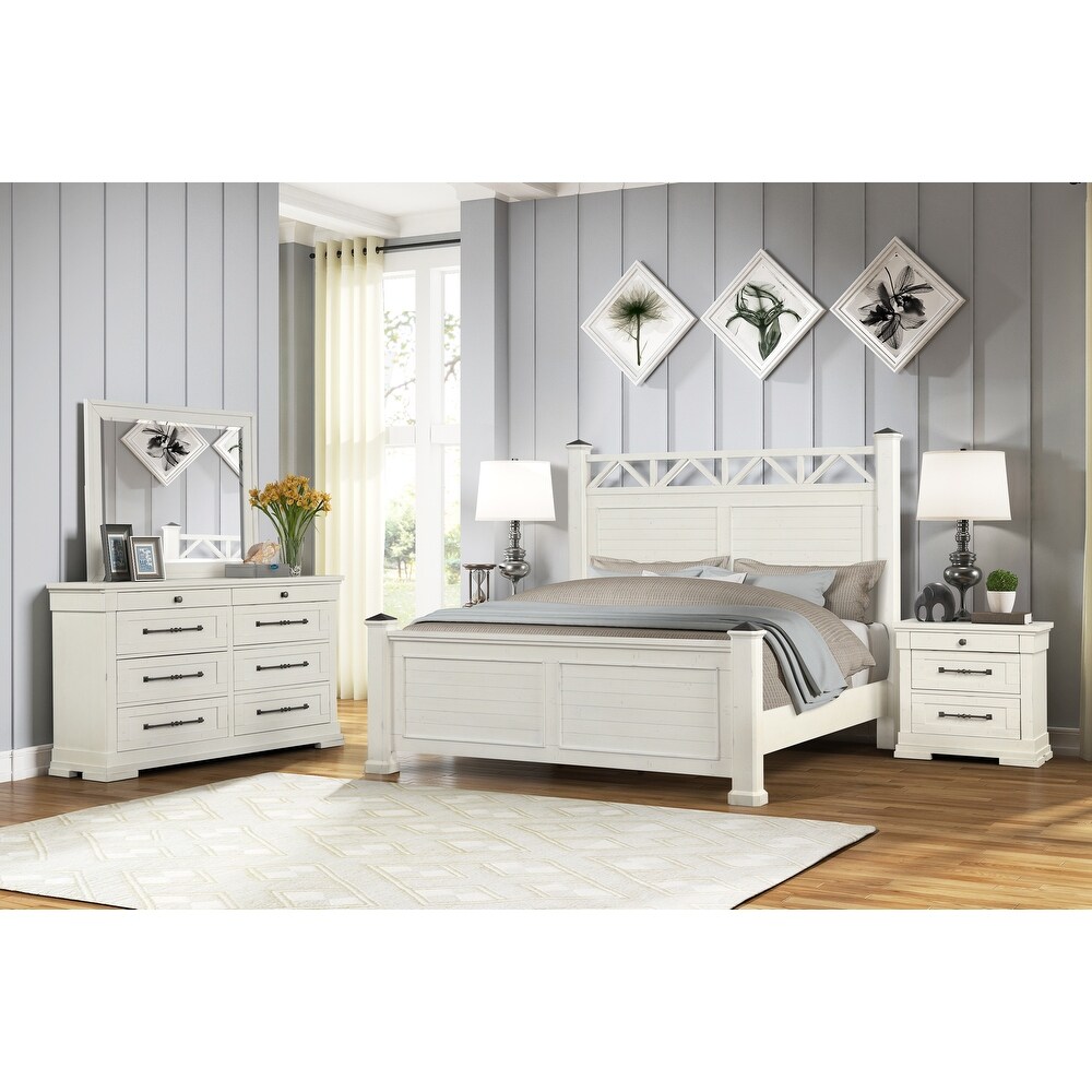 Roundhill Furniture Laria Antique White Finish Wood Panel Bed with Dresser  Mirror  and Two Nightstands