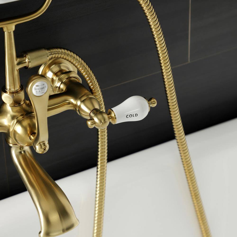 Kingston Brass Aqua Vintage 3-Handle 7 in. Wall Mount Claw Foot Tub Faucet with Hand Shower in Brushed Brass HAE555T7