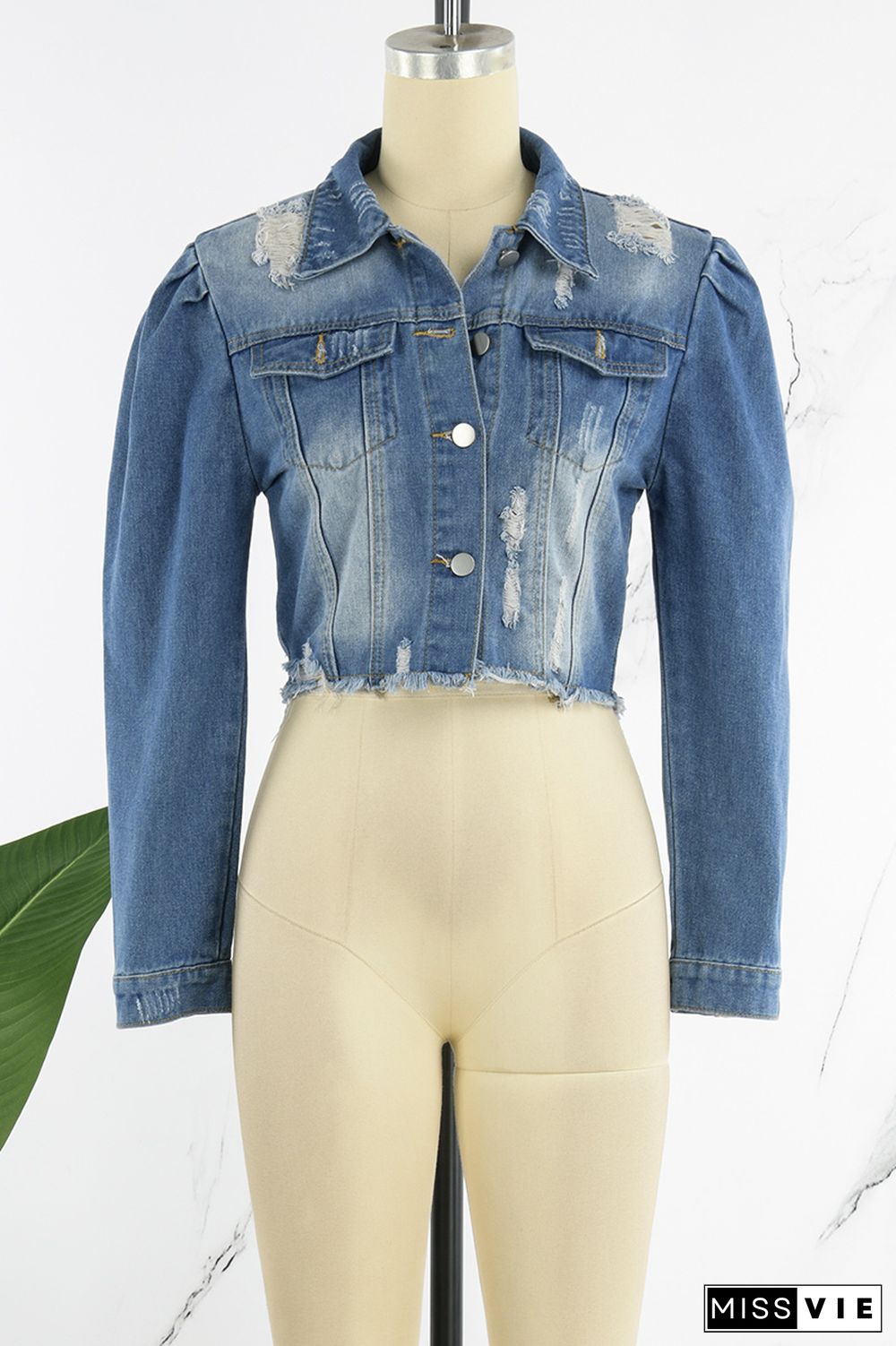 Blue Casual Solid Ripped Buckle Turndown Collar Long Sleeve Denim Jacket