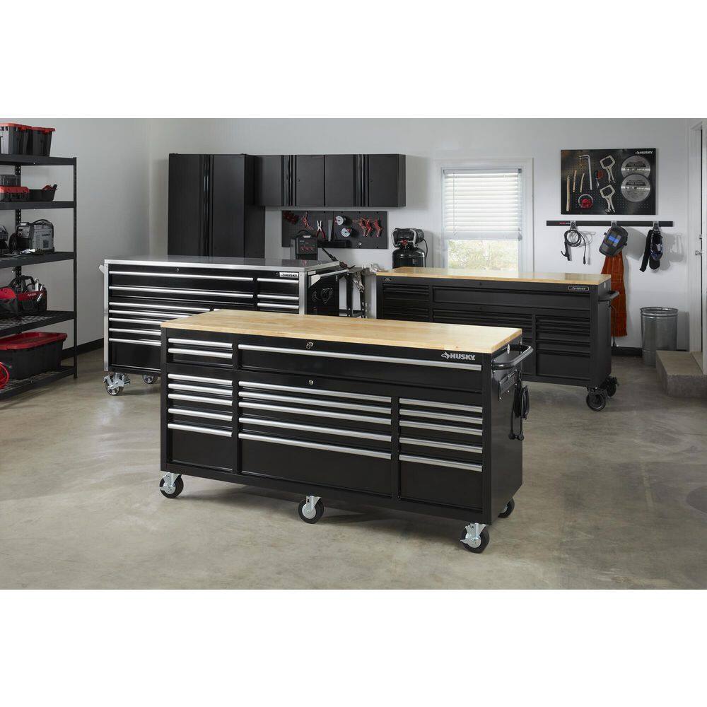 Husky 72 in. W x 24 in. D Standard Duty 18-Drawer Mobile Workbench Tool Chest with Solid Wood Top in Gloss Black HOTC7218B12M