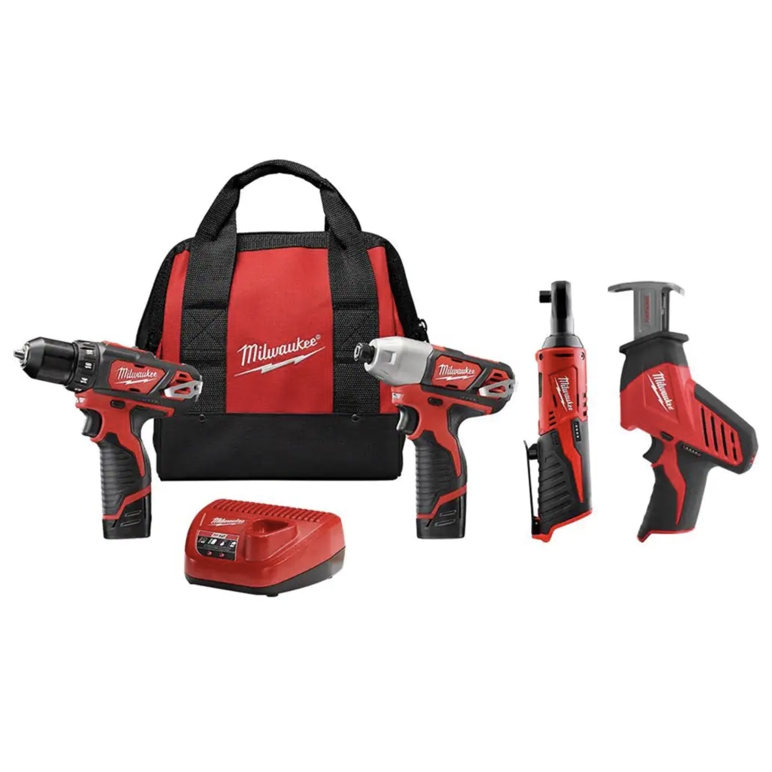 Milwaukee M12 12V Lithium-Ion Cordless Drill Driver/Impact Driver/Ratchet Combo Kit (3-Tool) w/ M12 Hackzall Reciprocating Saw