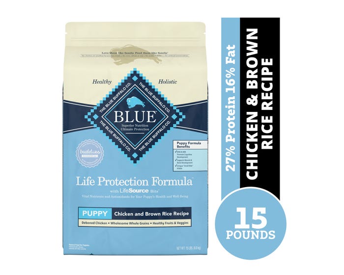 Blue Buffalo Life Protection Formula Puppy Chicken  Brown Rice Recipe Dry Dog Food， 15 lb. Bag