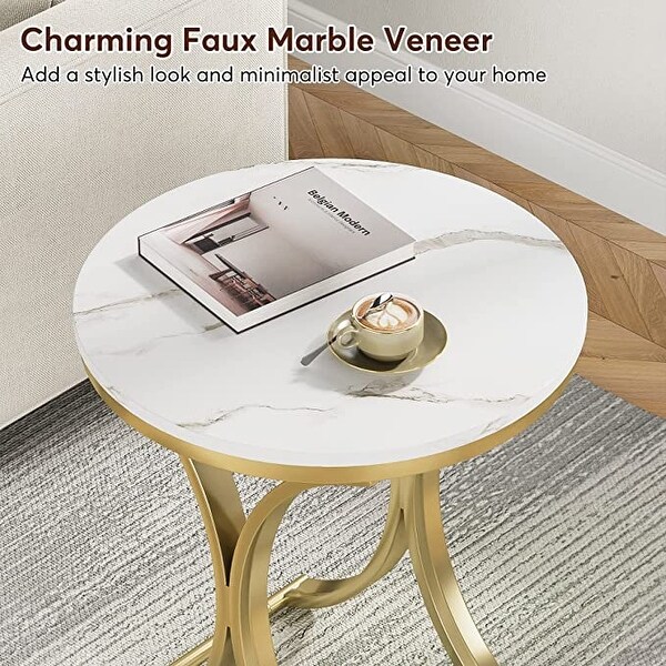 White/ Gold Modern Round End Side accent Table with Faux Marble Top， C Shaped Gold Legs Entryway Tables