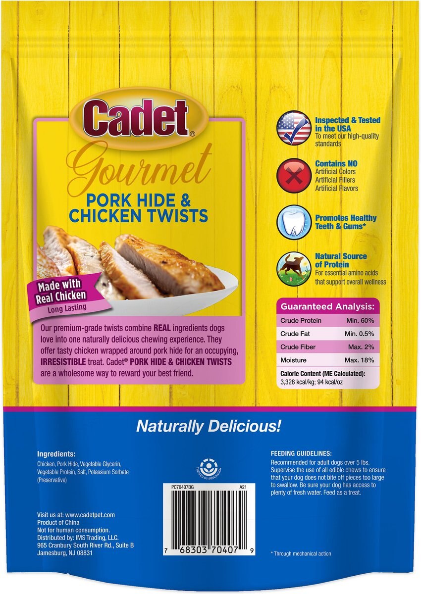 Cadet Gourmet Pork Hide and Chicken Twist Sticks Dog Treats， 5-in， 22 count