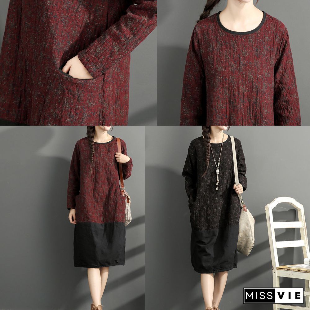 new black prints cotton dresses oversize long sleeve thick warm women dress