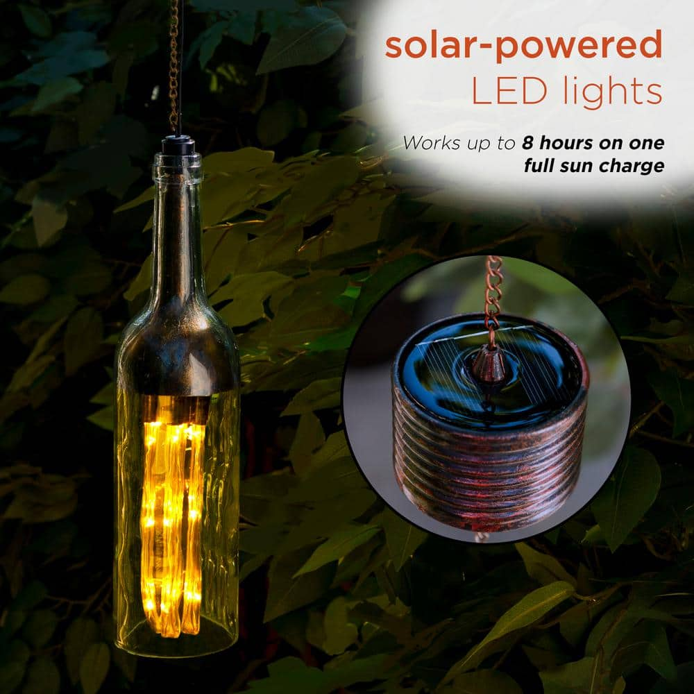 Alpine Corporation Outdoor Hanging Solar Powered Metal and Glass Bottle Lantern with LED Light, Bronze QTT426SLR-BZ