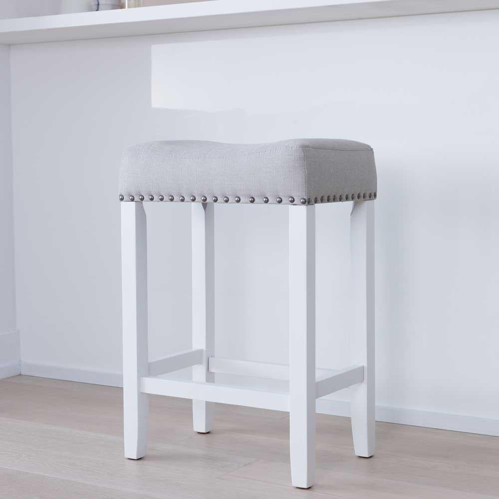 Nathan James Hylie Nailhead Wood Pub-Height Counter Bar Stool 24 Gray Fabric Cushion White Finish