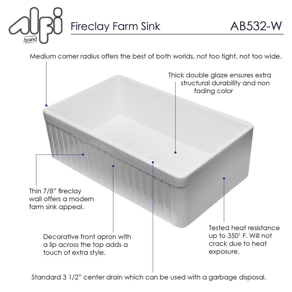 ALFI BRAND Fluted Farmhouse Apron Fireclay 33 in. Single Basin Kitchen Sink in White AB532-W