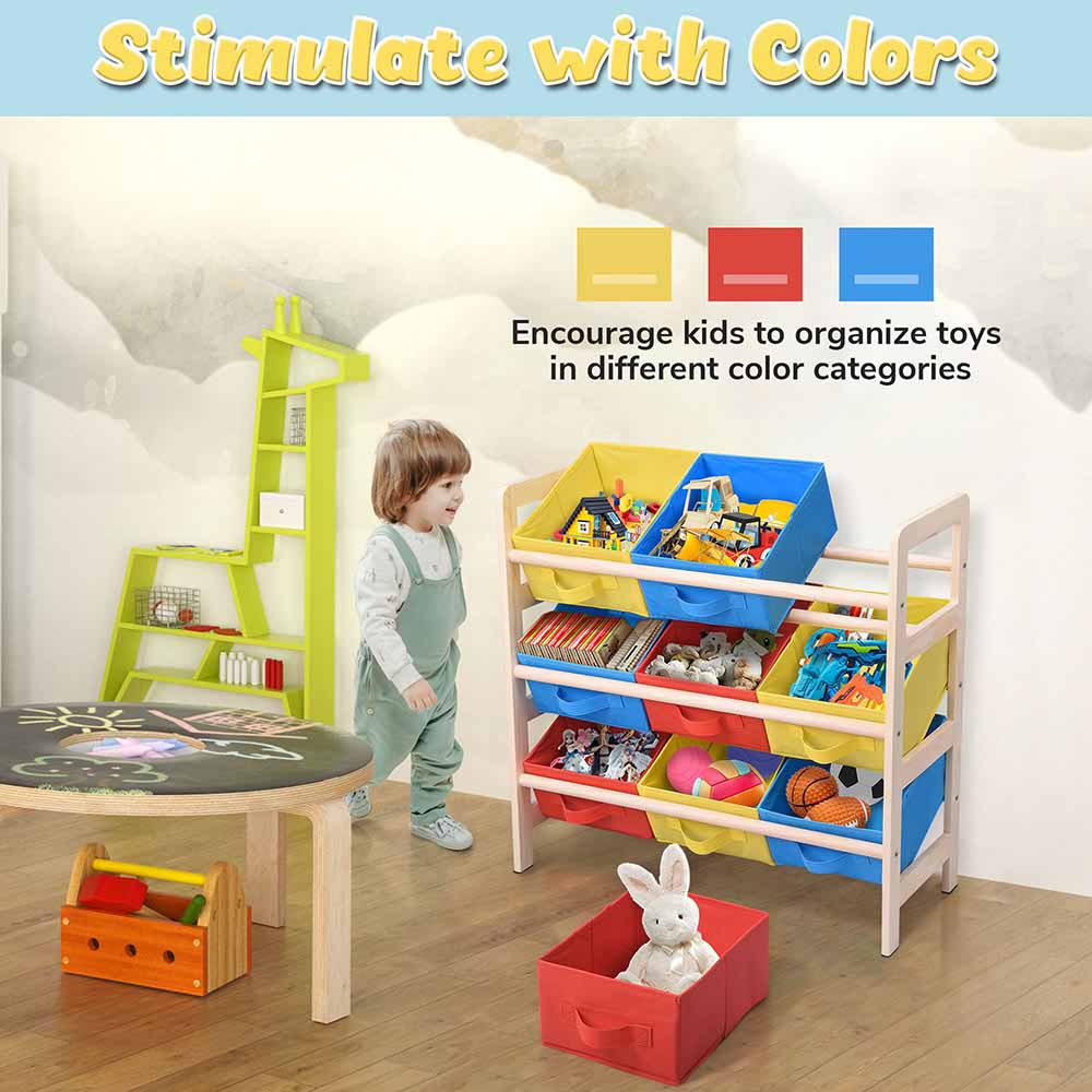 Yescom 3 Tires Kids Toys Color Organizer Wood Shelf 9-Bin Storage