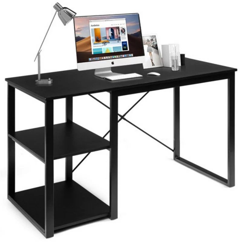 Computer Desk with Wicker Top and 2 Storage Shelves-Black Desk