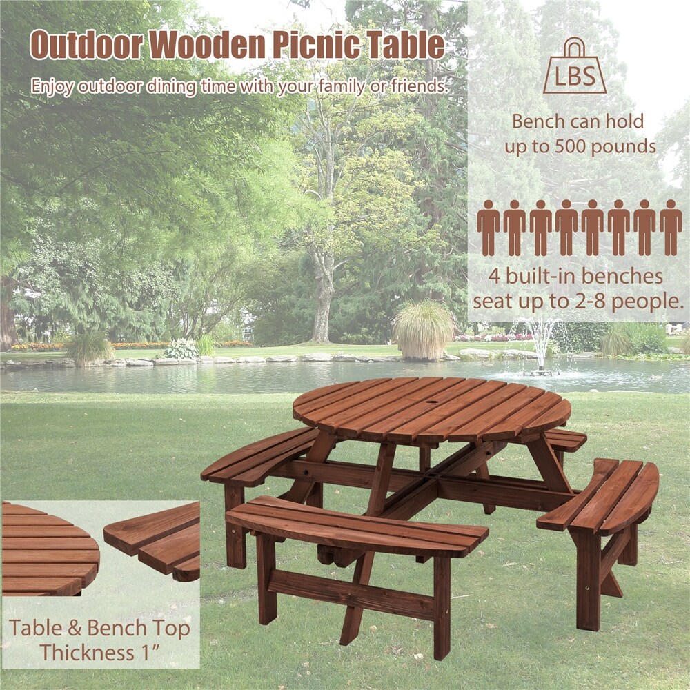 8 Person Wooden Outdoor Camping Dining Picnic Table with 4 Benches