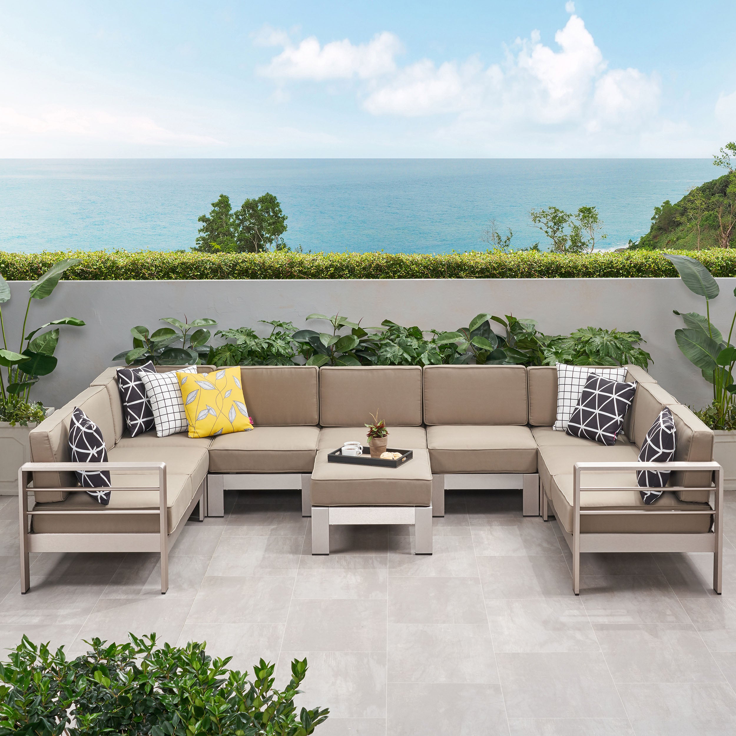 Laura Outdoor Modern 9 Seater Aluminum U-Shaped Sofa Sectional Set with Ottoman, Silver and Khaki