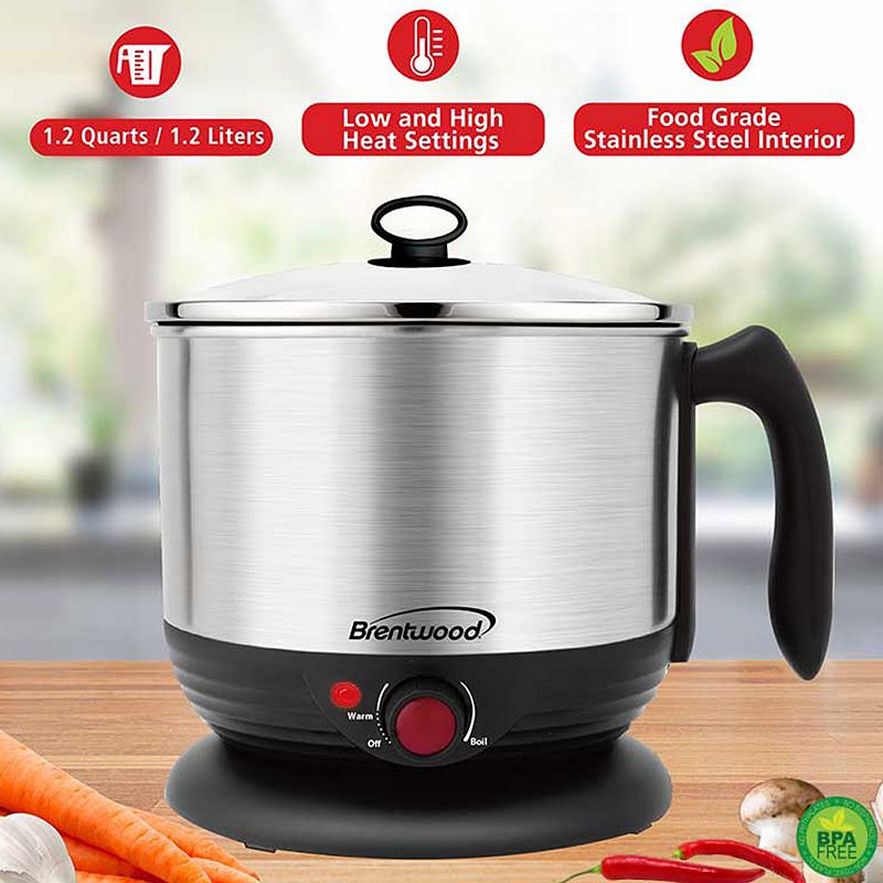 Brentwood Stainless Steel 1.3 Quart Cordless Electric Hot Pot Cooker and Food Steamer