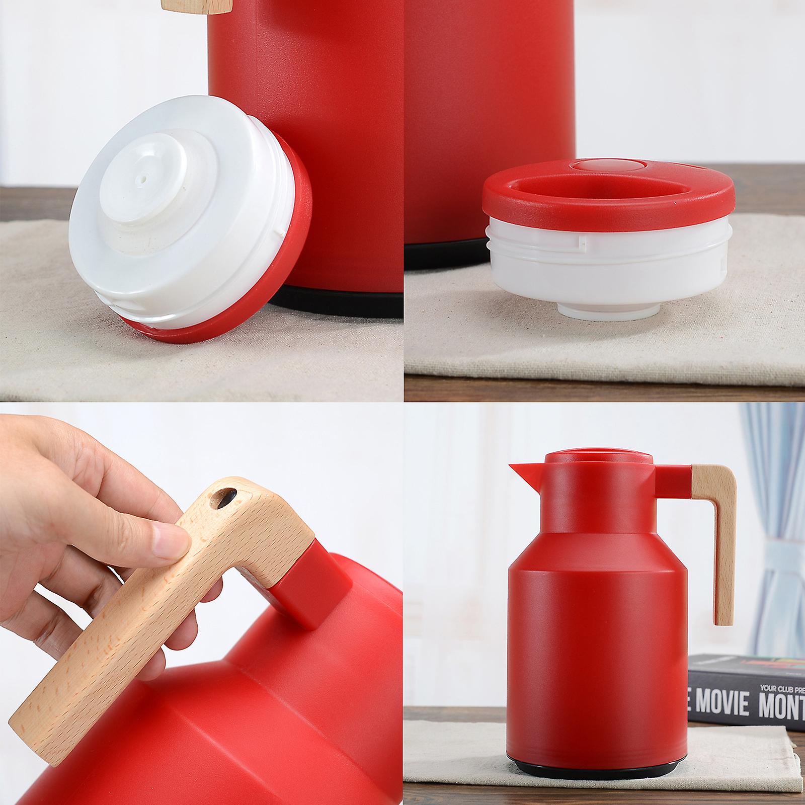 1l Thermal Coffee Carafe Double Walled Thermal Carafe Thermos Pot With Wood Handle Water Kettle Insulated Flask Tea Carafe Keeping Hot Cold Red