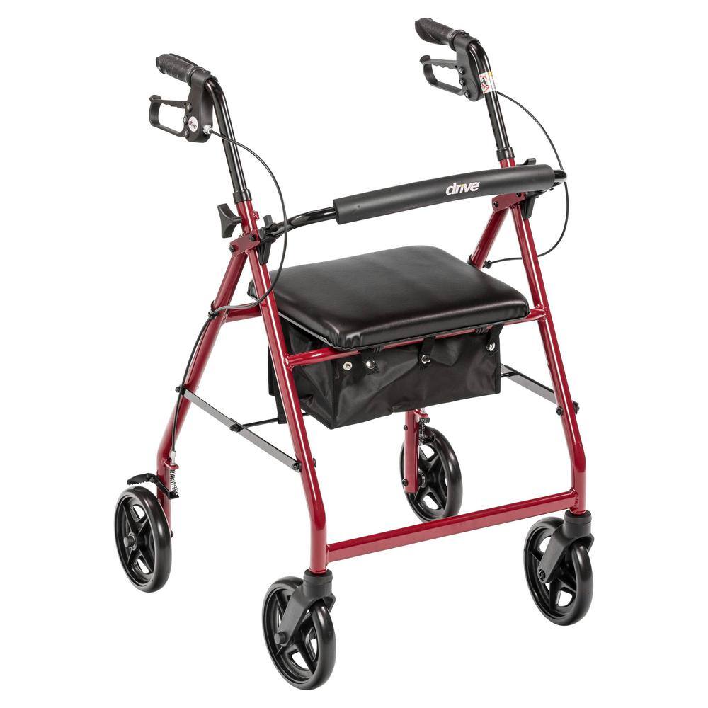 Drive Medical Aluminum Rollator Rolling Walker with Fold Up and Removable Back Support and Padded Seat Red r728rd