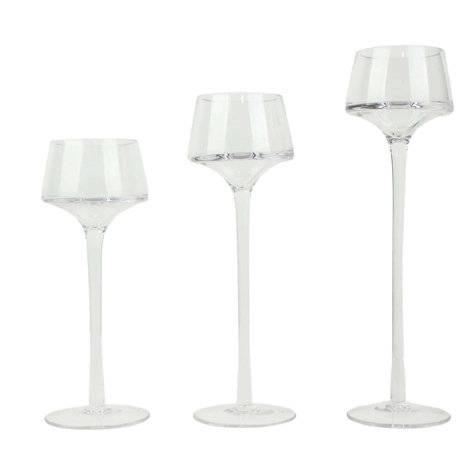 Set of 3 Long-Stem Clear Glass Pedestal Table Vase Centerpieces, Tall Tealight Disc Candle Holders 8