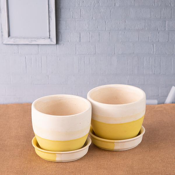 3.7 inch (9 cm) Round Egg Ceramic Pot with Plate (White, Yellow) (Set of 2)