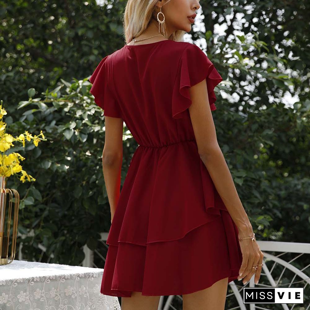 Women Summer Dress Red V-neck Butterfly Short Sleeve Waist Slim Party Mini Dresses Elegant Office Vestidos De Mujer Casual